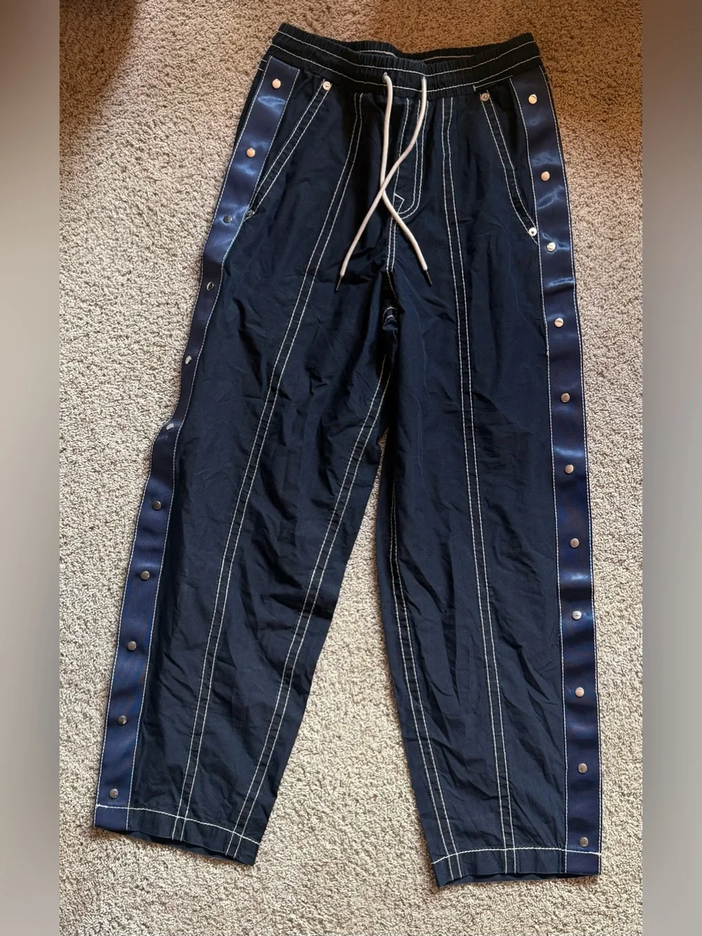 NWOT TRUE RELIGION Navy Wide-Leg Snap-Trim Track Pants with White Stitching